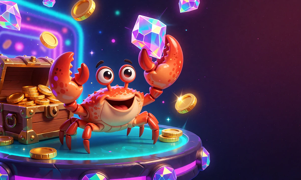 Uśmiechnięty krab z kryształem w szczypcach obok skrzyni złotych monet - mechanika Bonus Crab w OnlySpins