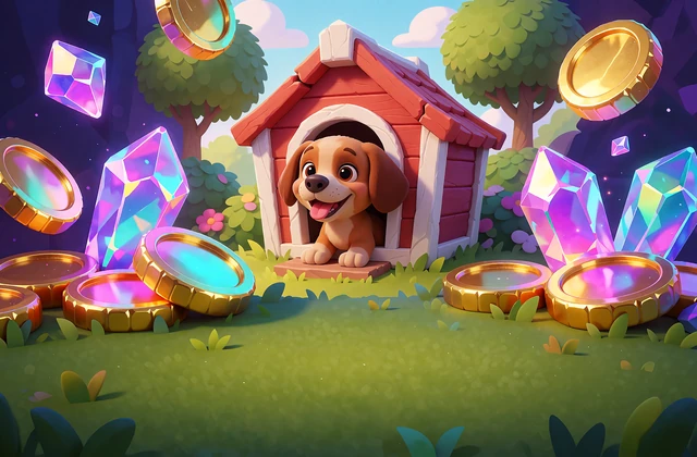Ilustracja do slotu The Dog House: wesoły szczeniak wygląda z budy w słonecznym ogrodzie