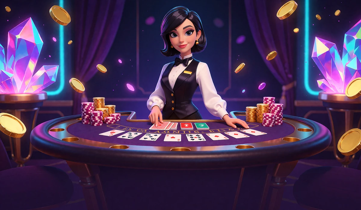 Krupierka blackjacka w czarnej kamizelce rozdaje kartę przy fioletowym stole - kasyno na żywo OnlySpins