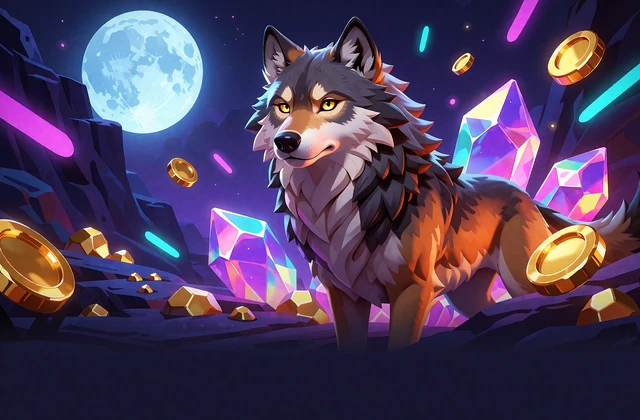 Ilustracja do slotu Wolf Gold: wilk o złotych oczach w kanionie pod pełnią księżyca