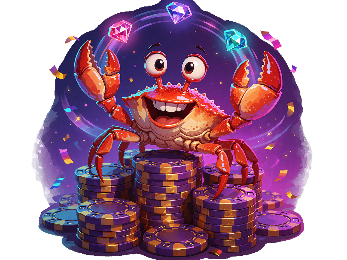 Czerwono-pomarańczowy krab żongluje kryształami na stosie żeton&oacute;w - Bonus Crab w pakiecie powitalnym OnlySpins