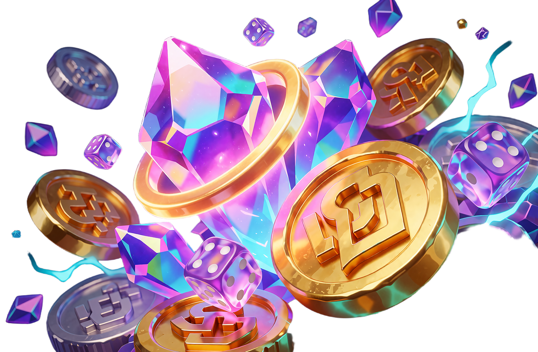 Świecący kryształ w otoczeniu złotych i srebrnych monet oraz błyskawic - bonus Crypto Welcome 200%