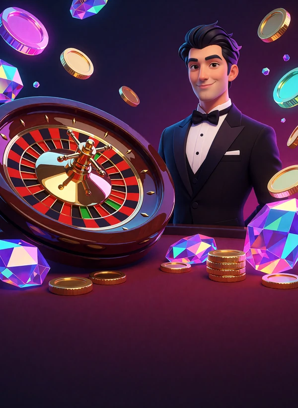 Krupier w smokingu przy błyszczącym kole ruletki - st&oacute;ł Playboy Roulette w kasynie na żywo