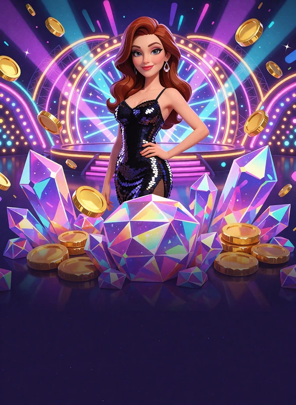 Prowadząca w cekinowej sukni na neonowej scenie z kołem - game show Money Time na żywo