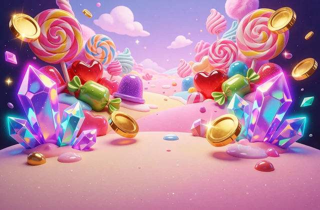 Ilustracja do slotu Sweet Bonanza: cukierkowa kraina z lizakami i żelkami na r&oacute;żowych wzg&oacute;rzach
